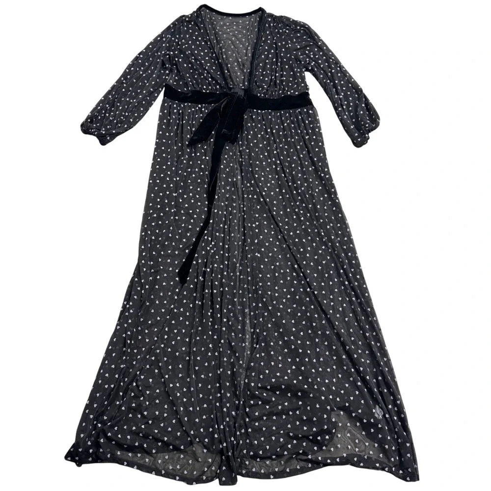 Unique VTG Sheer Black Pink Heart Maxi Robe S/3X Cozy Y2k Whimsigoth NWT Girly